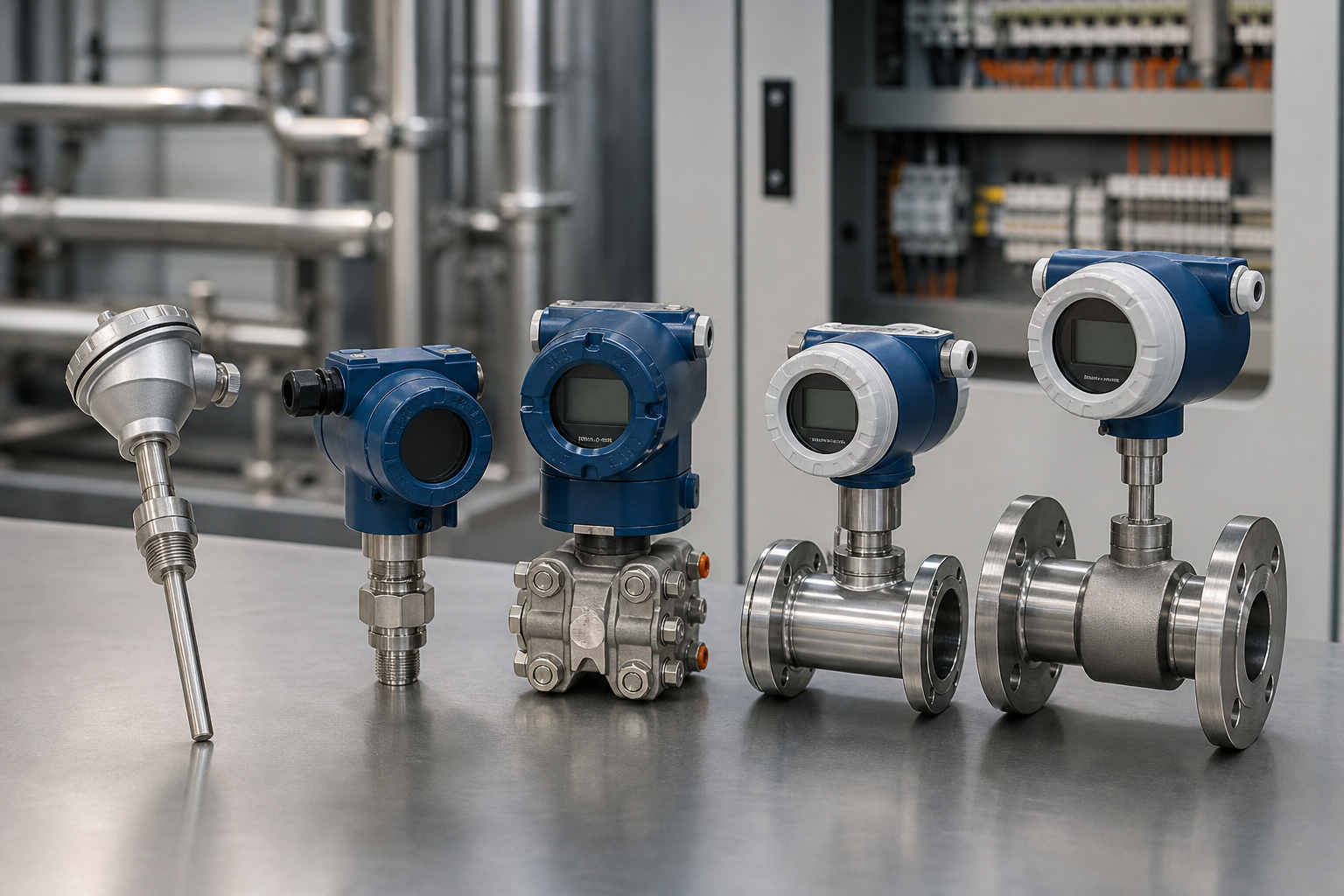 Industrial process instrumentation including temperature, pressure and flow measurement devices