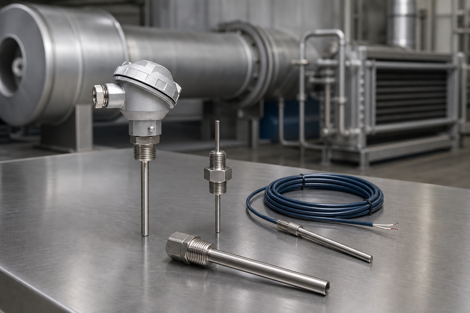 PT100 and PT1000 industrial RTD temperature sensors with probes, cable and terminal head