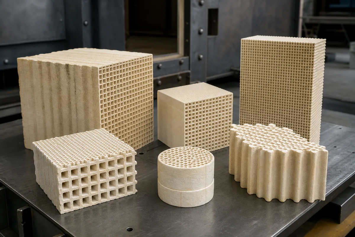 Honeycomb ceramic heat-recovery media blocks for a regenerative thermal oxidizer