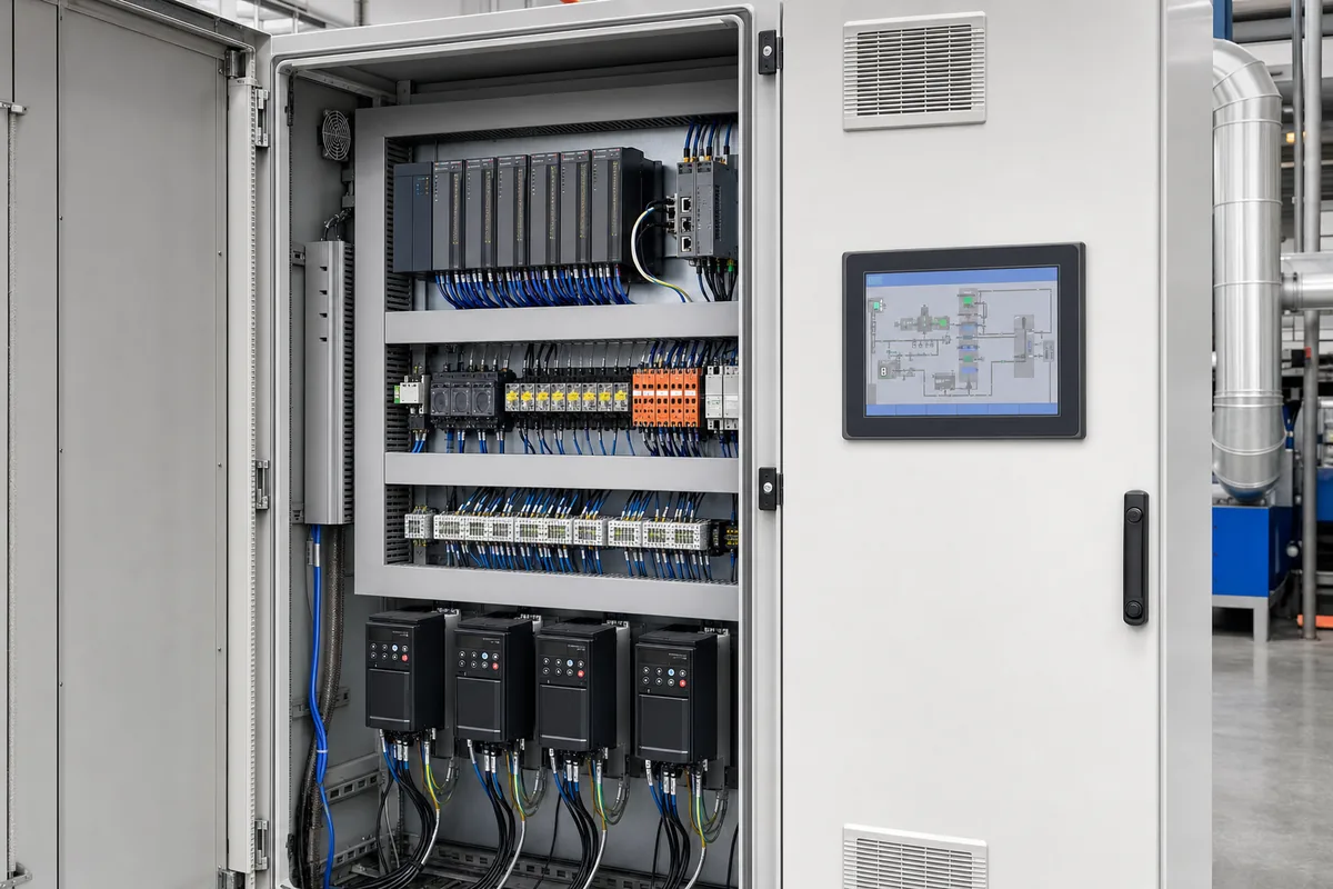 RTO PLC control cabinet with HMI, safety relays and variable-frequency drives
